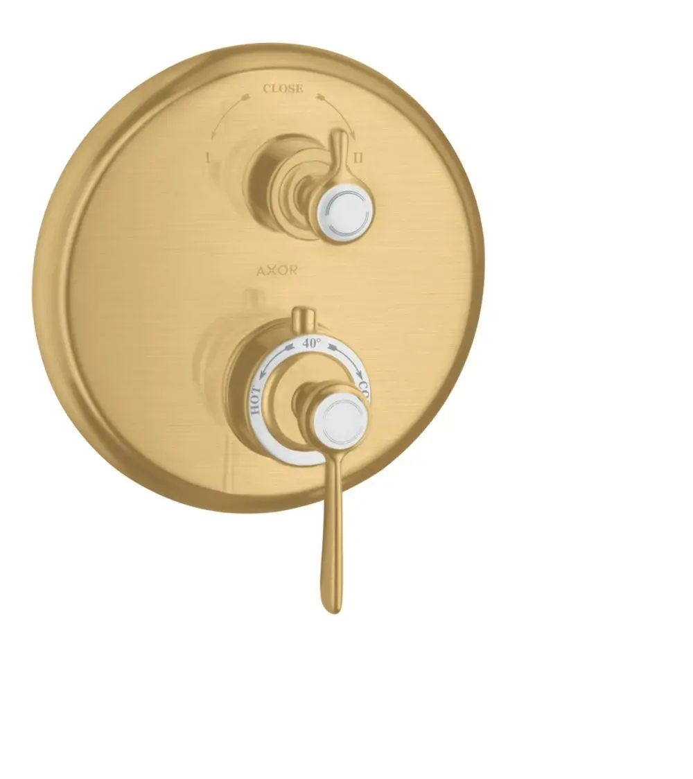 Thermostat in Brushed Gold Optik mit Hebelgriff und Ab-Umstellventil, hergestellt von AXOR. Bedienknopf für Temperaturregelung und Wasserzufuhr.